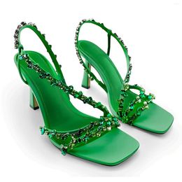 Dress Shoes Green Sandals Women Sexy High Heels Rhinestones Chain Luxury Stiletto Ladies Pumps Summer Open Toe Slingbacks