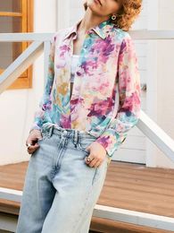 Women's Blouses Early Spring Graffiti Tie-Dye Printed Shirt Single Breasted Ladies Fashion Turn-Down Collar Long Sleeve Blouse