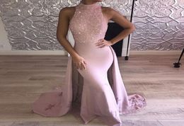 High Neck Pink Mermaid Prom Dresses Sleeveless Sequins Satin Over Skirt Long Party Dresses 2K18 Black Girls Dresses4924791