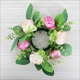 Decorative Flowers 26cm Beautiful Artificial Rose Wreath Candlestick Fake Plant Leaf Garland For Wedding Party Table Candle Holder Decor