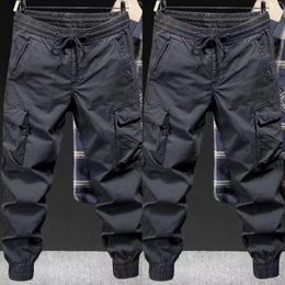 Men's Pants Loose Straight Drawstring Cargo With Elastic Waist Multi Pockets Soft Breathable Streetwear Trousers For Daily