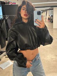 Work Dresses Weird Puss Faux Leather Crop Jacket Women Hooded Autumn Hipster Long Sleeve Fall Trend Casual Wild Streetwear Zip Coat