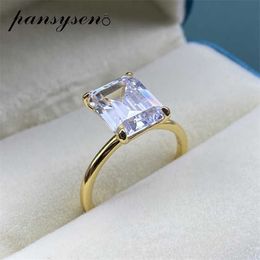 PANSYSEN White Yellow Rose Gold Color Luxury 8x10MM Emerald Cut AAA Zircon Rings for Women 100% 925 Sterling Silver Fine Jewelry 22241