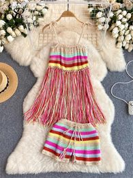 Women's Tracksuits SINGREINY Bohemian Colorful Striped Beach Sets Women Lace Up Tassels Tops Drawstring Wide Legs Shorts Knit Vacation Sexy