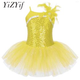 Stage Wear Kids Girls Sequins Feather Tutu Dress Ballet Gymnastics Leotard Professional Ballerina Dancewear Performance Costume