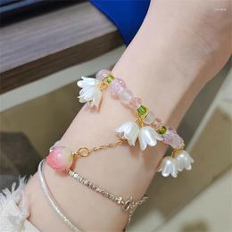 Bangle 1PC Sweet Vintage Tulip Flower Beaded Bracelet For Women Korean Style Cute Tassel Pink Peach Pendant Aesthetic Jewellery