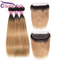 Honey Blonde Ombre 13x4 Lace Frontal Closure With Bundles Coloured 1B 27 Cheap Raw Virgin Indian Straight Human Hair Weaves And Ful5589615