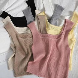 Women's Tanks Knitted Crop Top Sexy Square Collar Slim Fitting Tank Spring Summer Short Bodice