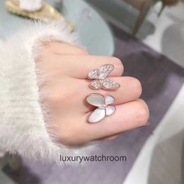 High End Jewellery rings for vancleff women beautiful Seiko Horse Butterfly Ring White Fritillaria Double Full Diamond Butterfly Ring Blue Turquoise Original 1:1 Logo