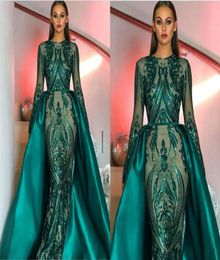 GiayMus Amazing Prom Dresses 2018 Long Sleeves Sequined Lace Dark Green Detachable Train Satin Tail Prom Dresses Vestidos De Festa2579321
