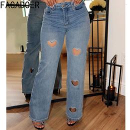 Women's Jeans FAGADOER Fashion Love Hollow Out Denim Pants Women High Waist Button Straight Trousers Casual Female Elastic Cowboy Bottoms