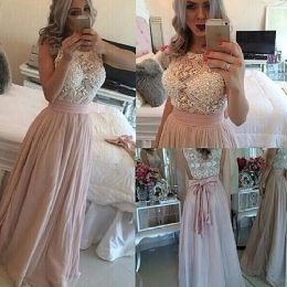 Luxury Beaded Pink Prom Dresses Crystals Chiffon Sash Bow Jewel Neck Floor Length Custom Made Plus Size Evening Party Gowns Formal Occasion