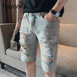 Light blue summer thin ripped denim shorts mens trendy fashion loose all-match cropped pants 240408