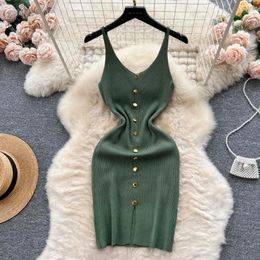 Casual Dresses Summer Sexy Short Knit Strap Dress Women Tank Elatic Waist Bodycon Sundress Female Beach Split Backless