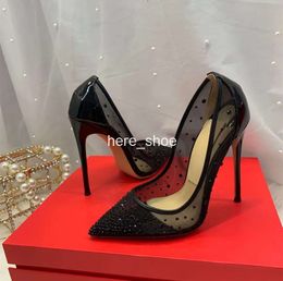 Casual Designer Sexy Lady Fashion Women Shoes Black Mesh Glitter Crystal Pointy Toe Stiletto Heels Zapatos Mujer Prom Evening Pumps 12CM