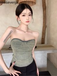 Retro Sexy Spicy Girl Strapless Cowboy Bra Small Tank Top Women Camisole Summer Fashion Slim Fit Short Wrap Chest Tube Top240416