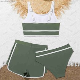 One-Pieces Childrens and girls push up bikini swimsuit with shorts 3-piece bikini set sports swimsuit bikini summer swimsuit 2024 Q240418