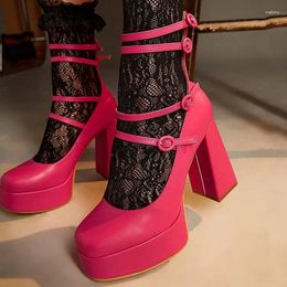 Dress Shoes Deep Pink Platform Mary Jane Pumps Chunky Heels Square Toe Strappy Sweet Women Sexy Party Fashion Rubber