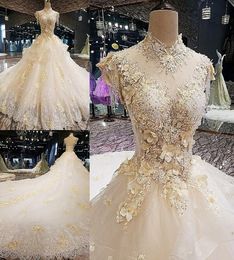 New Arrival High Neck Gorgeous Lace Ball Gown Wedding Dresses Beaded Collar Ruffles Handmade Flowers Long Train Laceup Bridals Go6007808