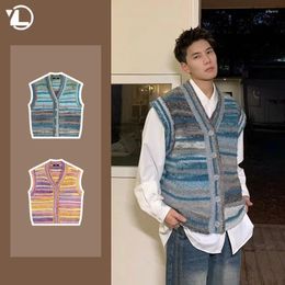 Men's Vests Striped Colour Blocking Sweater Vest Mens American Vintage Sleeveless Male Cardigan Single Breasted V-neck Knitted Tops Trend