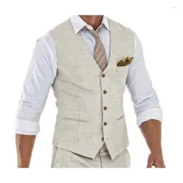 Men's Vests Beige Linen Men Vest Casual Waistcoat For Summer V Neck Single Suit Male Fashion Coat Arrival Wedding Party Prom