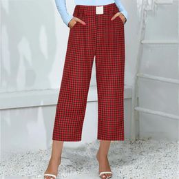 Women's Pants Women Plaid Print Straight Ankle-Length Elastic Waist Loose Fit Female Trousers Summer And Spring Casual