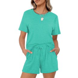 Neue Frauen 2024 Casual Solid Short Sleeved Elastic Schnürpocket -Shorts Set S s