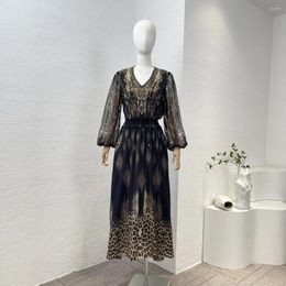 Casual Dresses High Quality Spring Summer V-Neck Black Animal Print Long Sleeve Elastic Waist Silk Midi Dress