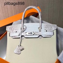 Designer Handmade 7a Handbag Bikns Genuine Leather Touch Milk White Skin with Himalayan White Crocodile Skin Button Handsewn 30CMM9T2