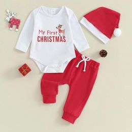 Clothing Sets Infant Baby Girl Boy 3 Piece Clothes Outfits Christmas Letter Print Long Sleeve Rompers And Elastic Pants Santa Hat Set