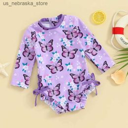 One-Pieces Cute long sleeved baby bikini swimsuit princess flower butterfly print bow summer swimsuit childrens swimsuit Q240418