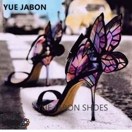 Sandals Yue Jabon Colorful Metallic Embroidered Leather Sandals Angel Wings Pumps Party Dress Shoes Butterfly Ankle Wrap High Heels