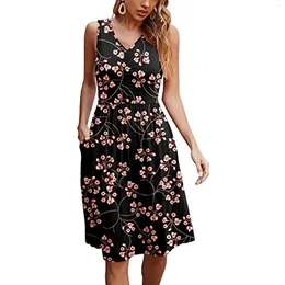 Casual Dresses Women Floral Printed Knee Length Dress V Neck Spaghetti Strap Sleeveless Tank Beach Style Loose With Pockets