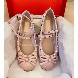 Sheepskin with Bow Shoe Rivet Leather Stud Version Girl Ballet Women Ballerinas Shallow Shoes Single Fairy Flat Bottoms Tino Versatile Women's WMRE