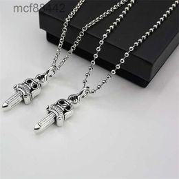 American Style Trendy Hip-hop Punk Distressed Thai Silver Personalised Double-sided Sword Pendant Pearl Round Bead Necklace High-end