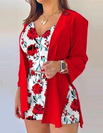 Women's Tracksuits Women 2 Piece Set 2024 Spring/summer Latest Floral Print V-Neck Open Front Long Slept Top&holiday Belted Shorts With Coat