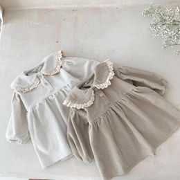 Girl Dresses 4763C Korean Dress Long-sleeved Cotton Corduroy Doll Collar Skirt 2024 Spring Autumn Casual Lace Girl's