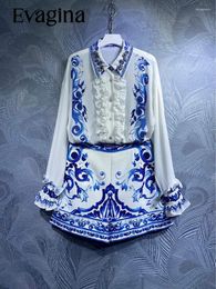 Women's Tracksuits Evagina Spring/Summer Cotton Polyester Fashion Print Beaded Turn-Down Collar Long Sleeve Blue Two-Piece Set