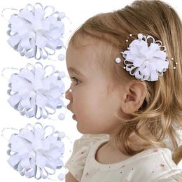 Hair Accessories Ncmama 2Pcs/set Korean Grosgrain Ribbon Flower Clips For Woman Girls Cute Pearl Bow Hairpin Elastic Bands