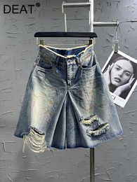 Women's Jeans Denim Short High Waist Loose Pleated Burrs Wide Leg Blue Knee Length Shorts 2024 Autumn Fashion 29L3107