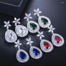 Dangle Earrings ThreeGraces Fashion Red Cubic Zirconia Silver Colour Big Flower Drop For Women Daily Party Costume Jewellery E1874