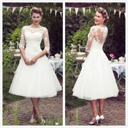 Dresses Vintage 50's Style Short Wedding Gown Half Sleeves Tulle Lace Applique Tea Length Bridal Wedding Gowns With Buttons Country