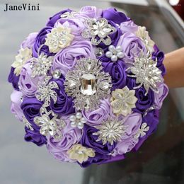 Wedding Flowers JaneVini Luxury Silver Jewellery Purple Bridal Brooch Bouquets Artificial Satin Roses Bridesmaid Bride Bouquet Flower