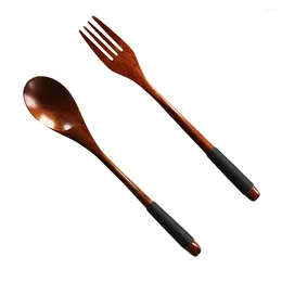 Dinnerware Sets Japanese Wooden Handle Fork Spoon Tableware Daily Use Simple Korean Utensils Bamboo Convenient Flatware Travel
