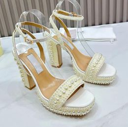 Luxury Designer Sacora Dress Shoes White Pearls Leather Pumps Lady Stiletto Heel Ankle Strap Bridal Wedding EU35-43.With Box