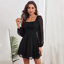 Casual Dresses Ardm Elegant Square Neck White For Women 2024 High Waist Lantern Sleeve A-Line Dot Lace Office Ladies Mini Dress Vestido