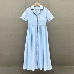 Women's dress cotton light blue laple neck short sleeve stripe printed shirt midi dress