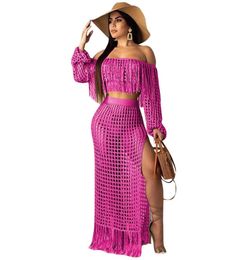 Women Summer Casual Dress Mesh Grid See Though Tassel Off Shoulder Crop Top Side Split Maxi Skirts Two Piece Beach Set Long Dress3406948