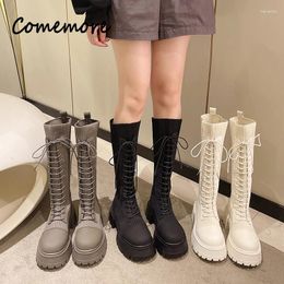 Boots Comemore Women 2024 Autumn Thick Bottom Sock Shoes Woman Lace Up Knee High Boot Black Platform Knitted Long Botas De Mujer