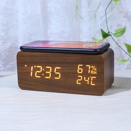 Intelligent wooden alarm clock with humidity wireless charging student specific digital LED creative 240410